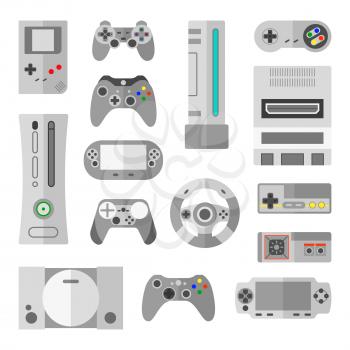 Computer console with game controllers for video games. Collection of controller for video game, joystick with button control gaming. Vector illustrations in cartoon style