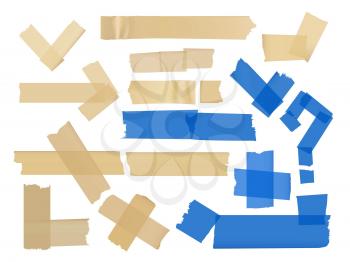 Vector set of different fragments at adhesive tapes isolated on white. Adhesive strip tape, ripped paper sticky illustration