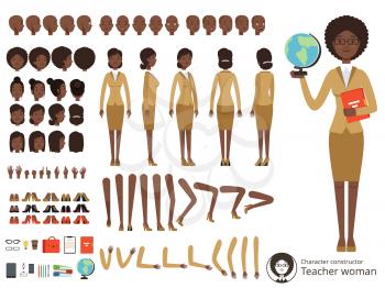 Vector constructor of female character. Afroamerican teacher pointing. Vector different body parts and elements set. Teacher constructor body parts illustration
