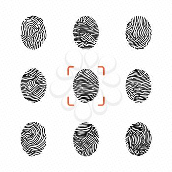Set of individual fingerprints for personal identification. Vector illustrations. Human fingermark for personal privacy