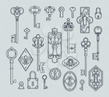 Vintage keys and padlocks for medieval doors. Hand drawn vector illustrations. Antique key vintage in victorian style decoration