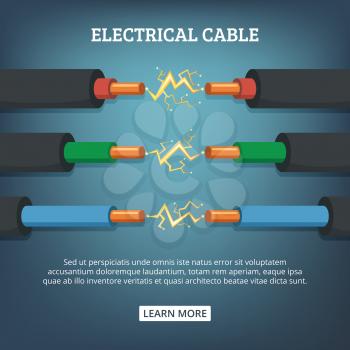 Poster with cartoon illustration of electrical cable wires with different amperage. Vector background concept connection electric power cable