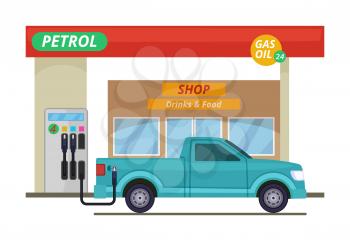 Petrol or diesel station. Vector illustrations in cartoon style. Gas station for car, building petrol station with shop