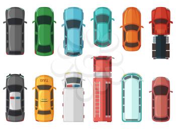 Pictures of transportation top view. Cars isolated on white background. Vector city models automobile transport, illustration of car sedan collection