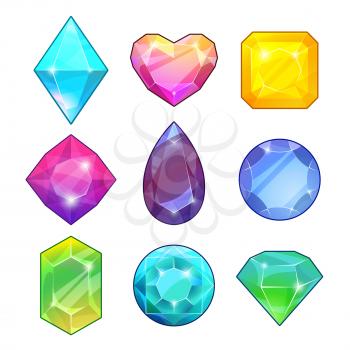 Different gemstones. Brilliants and diamonds in cartoon style. Vector illustrations for game design projects. Diamond and jewel, color brilliant and gemstone