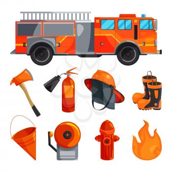 Protective clothing of fireman, boots, helmet, axe and other specific tools. Vector illustration. Helmet and boot, glove protection fire