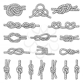 Illustrations of different nautical knots and nodes. Cordage icons set. Hand drawn pictures isolate on white. Marine rope knot, twisted decorative cordage illustration