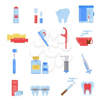 Healthcare illustrations in flat style. Dental different icons set. Tooth, mouth and other specific pictures. Dental healthcare, medicine and health tooth vector