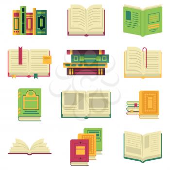 Opened and closed different books and magazines or encyclopedias. Vector pictures in cartoon style book literature for education, textbook paper illustration