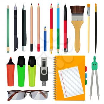 Office stationery or school equipment. Vector illustrations of brush and paper, folders and pencils. Officeand school equipment stationery