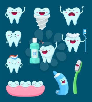 Vector characters set of funny teeth and toothbrush. Cartoon mascot illustrations. Tooth healthy and toothbrush, mascot character teeth