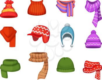 Set of winter scarfs and caps with different colors and styles. Winter cap clothes, fashion accessory clothing knitted, vector illustration