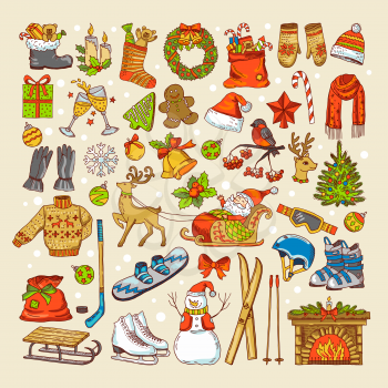 Colored pictures of christmas toys and specific objects of winter season. Winter christmas holiday, xmas tree and gift to new year. Vector illustration