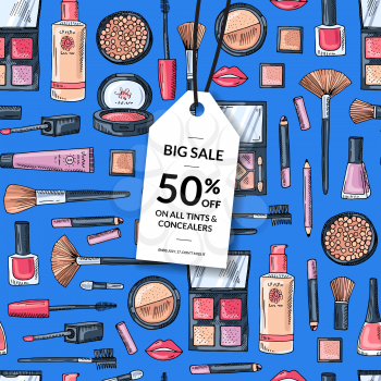 Vector flat style makeup and skincare background with white sale tag illustration