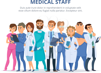 Medical staff. Group of male and female doctors. Team of hospital doctor and nurse. Vector illustration