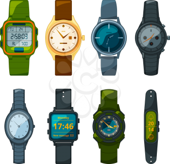 Classic and sport hand watches for men and women. Pictures in cartoon style. Time clock, wrist watch sport and fashion gadget. Vector illustration