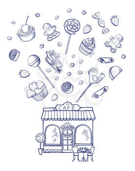 Vector hand drawn sweets spreading out of pastry shop building illustration