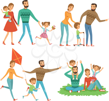 Happy family walking in park. Funny characters set in cartoon style. Happy people family in park, mother and father. Vector illustration