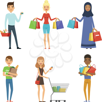 Happy people of different nations make shopping. Vector characters in flat style. Illustration of shopper character male and female