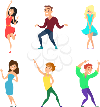 Young people dancing. Active boys and girls in action poses. Boy and girl active dance. Vector illustration