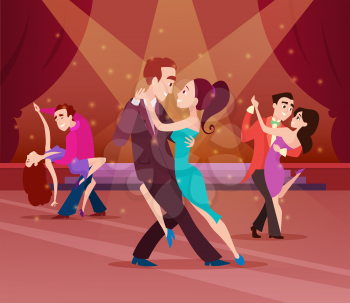 Couples on dance floor. Cartoon characters dancing. People romantic dancer tango. Vector illustration