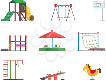 Playground equipment. Fun area for kids. Vector set playground and swing for amusement park illustration