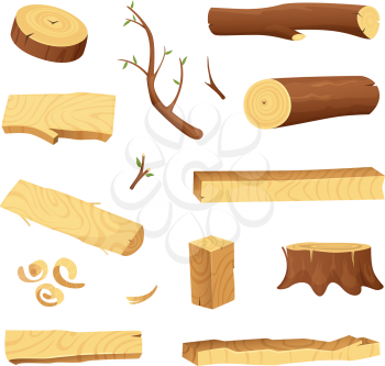Planks from trees and different wood elements for production industry. Wooden plank material, log and trunk illustration