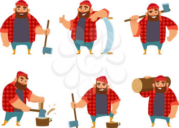 Lumberjack in different action poses. Vector funny character woodcutter person with axe illustration