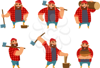 Lumberjack in different poses holding axe in hands. Vector pictures isolate on white. Worker lumber with wood, character cartoon woodcutter illustration