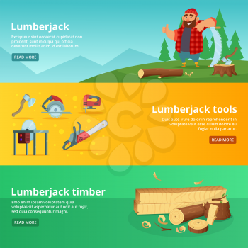 Horisontal banners of sawmill theme. Vector lumberjack tools and timber illustration
