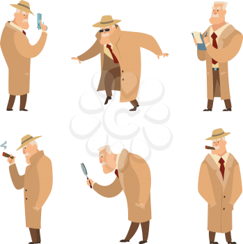 Policeman or detective search criminal. Vector set of funny characters detective man in different situation illustration