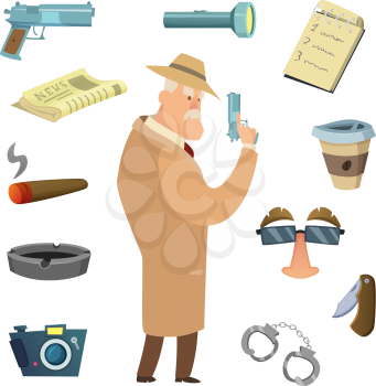 Different tools for detective. Vector icons in cartoon style. Detective criminal, investigation and spy agent illustration