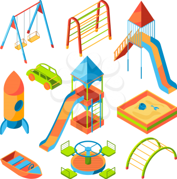 Vector isometric pictures of kids playground with different toys. Playground isometric with ladder and sandbox illustration
