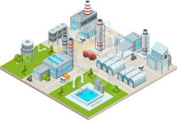 Outdoor landscape with factory buildings. Isometric pictures. Factory building and industrial area, production construction. Vector illustration