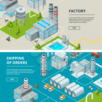 Horizontal banners with industrial buildings. Isometric factory. Factory isometric industry building, industrial, manufacture and storage illustration vector