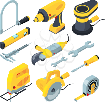 Isometric tools for construction. Vector 3d illustrations electronic industrial tools and screwdriver
