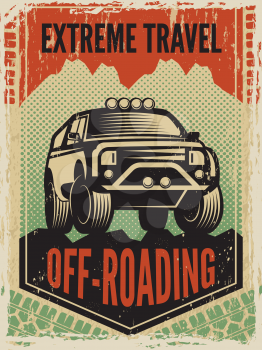 Design template of poster in retro style with suv big car. Off road machine. Transportation car 4x4 suv, adventure auto car. Vector illustration