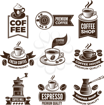 Monochrome coffee labels in retro style. Vector illustrations set with place for your text. Premium coffee classic emblem, espresso beverage