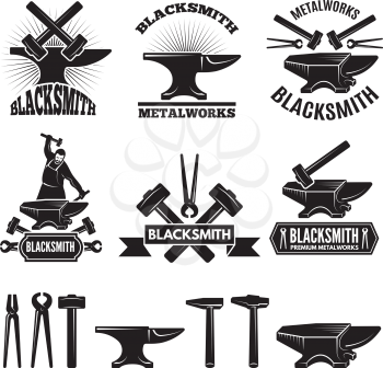 Industrial logo set. Labels for blacksmith. Vector design template with place for your text. Blacksmith and workshop, hammer and anvil emblem illustration
