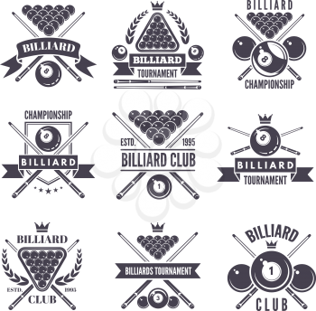 Monochrome labels or logos for billiard club. Vector illustrations of snooker balls. Billiard sport and snooker competition emblem