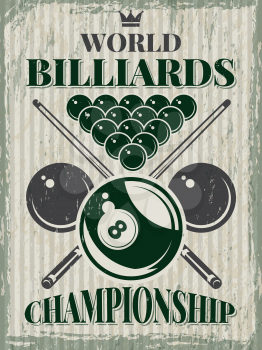 Retro sport poster for billiard club. Vector design template with place for your text. Illustration of banner world competition championship billiard