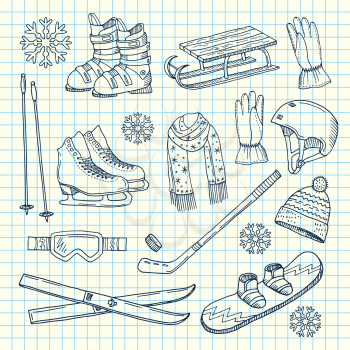 Vector hand drawn winter sports equipment and attributes on notebook cell sheet illustration