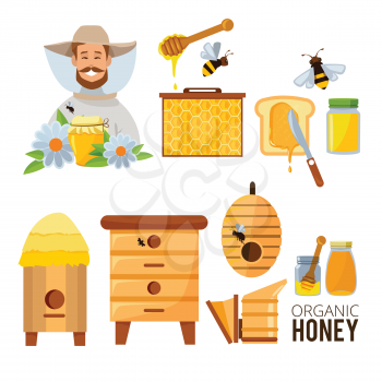 Cartoon illustrations set of beekeeper, beehive and bees. Beehive and natural honey vector