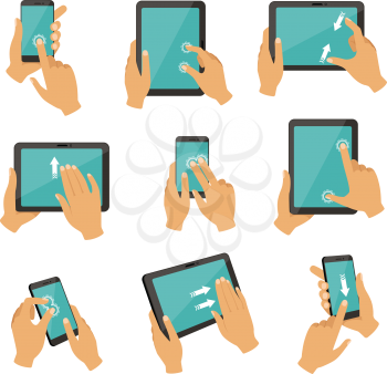 Illustrations of gestures to control different devices tablets and smartphones. Finger gesture touch tablet screen, multitouch collection vector