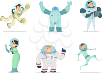 Space characters. Mascots of astronauts in cartoon style. Astronaut character and spaceman cartoon, cosmonaut cosmic explorer, vector illustration