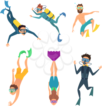 Set of cartoon characters. Underwater divers man and woman with snorkel and mask, vector illustration