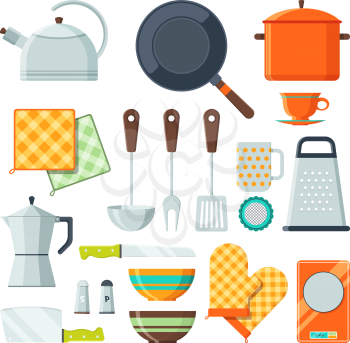 Kitchen tools for cooking. Vector cartoon illustrations isolate. Kitchen equipment, bowl and cup, knife and pot, fork and spatula