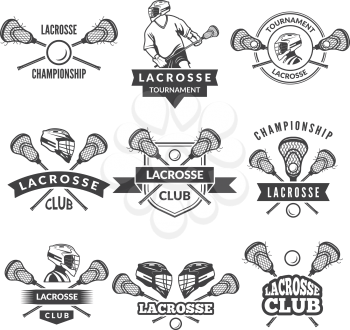 Vector logos or labels for lacrosse team in sport college. Illustration of lacrosse badge team club