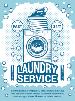 Retro poster for dry cleaning. Advertisement design template with place for your text. Laundry service, wash machine equipment illustration