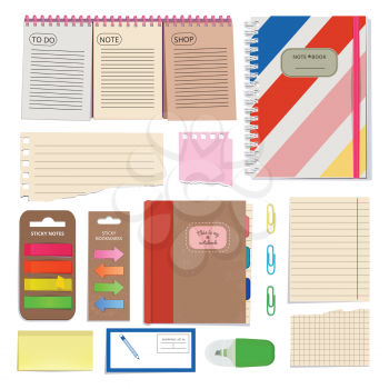 Diary, blank papers, notepad and other organizer tools. Vector pictures set isolate. Organizer and notebook, notepad binder illustration
